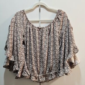 Willow Taupe Patterned Ruffle Sleeve Peasant Top